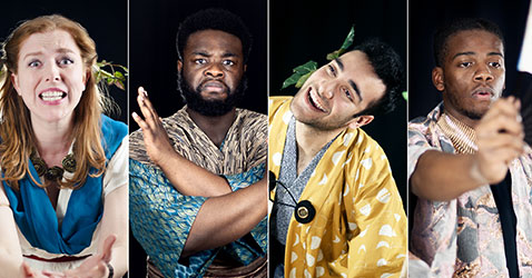 From left to right: Woman with red hair wearing a blue scarf and white dress. Man with black hair and a beard crossing his hands in front of his chest. He wears a blue and gold dress. Man with black hair with green leaves tucked behind his ear. He wears a yellow shawl and gray dress. Man with black hair with his arm extended toward the camera. He wears a multicolored shawl