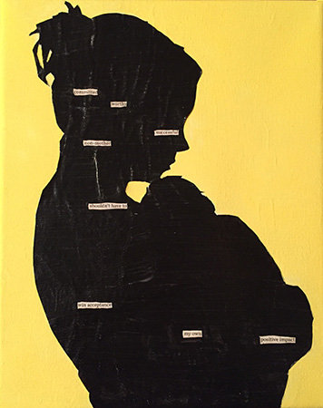 silhouette of a women holding a baby with a yellow background 