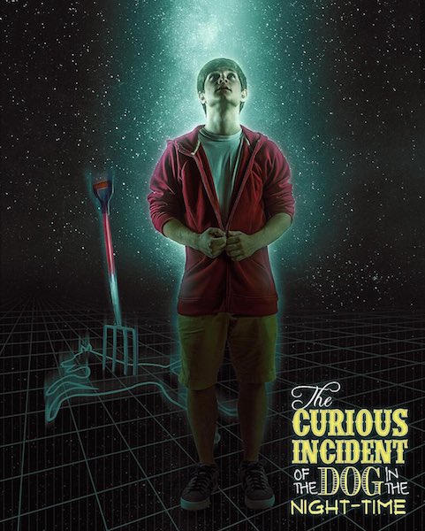 poster of a man wearing a red ip-up sweatshirt and cargo pants who is looking up at a starry sky