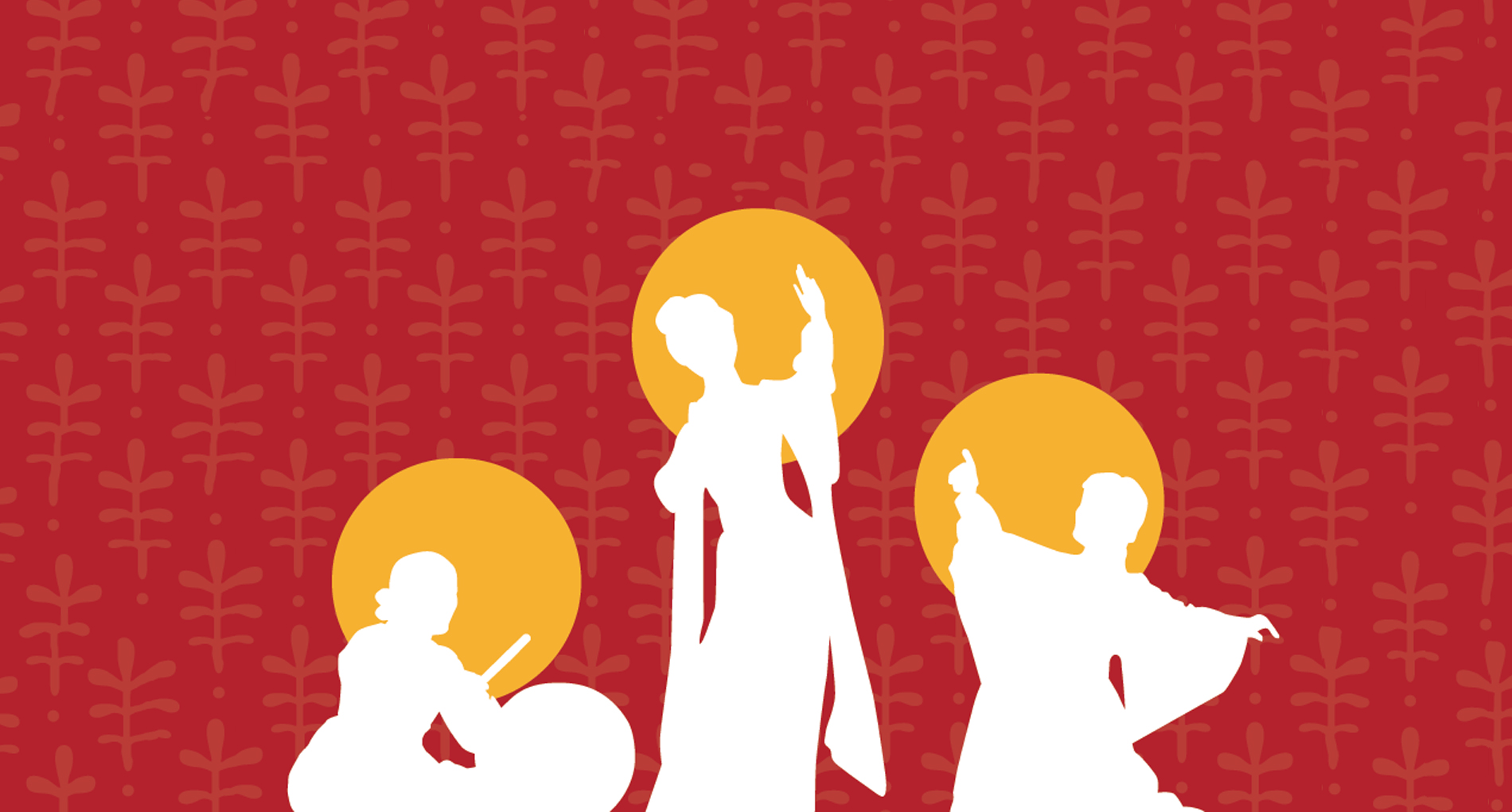 illustration of three white silhouettes on yellow circles on red background