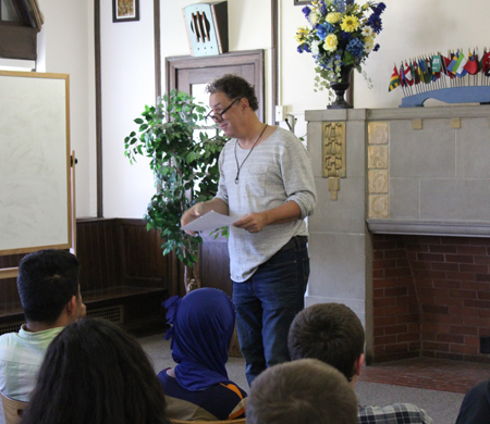 David Gonzalez speaking to students at Eastern High School in Lansing