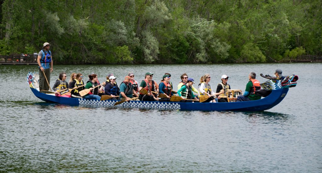 Team Jabberwocks paddle during the Dragon Boat Race 