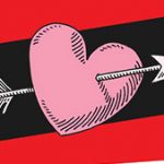 Graphic of a heart and an arrow with a red and black background