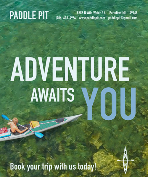 Poster of a man kayaking. The words say "Adventure awaits you" in blue and white coloring.