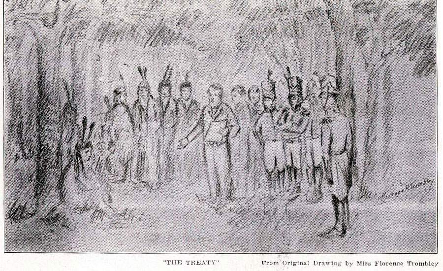 black and white pencil sketch of men standing around one another in the woods