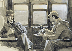 old drawing of two men on a train