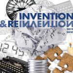 Poster with white background. Theres an outline of a lightbulb with the words "Invention and Reinvention" written across it. There a few wooden puzzle pieces in the bottom right corner, a typewriter in the bottom left corner, and a clock in the upper lefthand corner