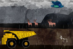 digital rainy scene with deer and bird and construction vehicle