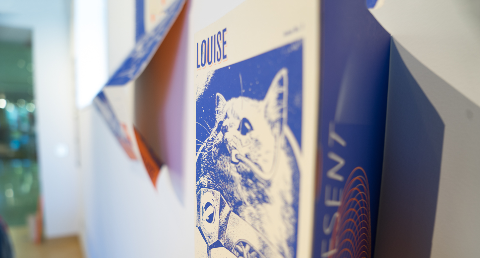 close up of zine titled 'louise' with a cat looking upward