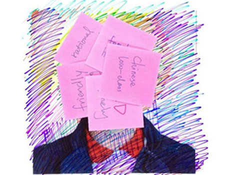 Drawing of a person with their face covered in post-it notes