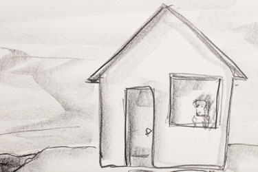 pencil sketch of house with a person in the front window