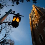 a lamppost and beaumont tower