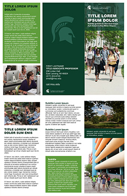 Graphic showing a mockup of the third trifold brochure template in official MSU branding