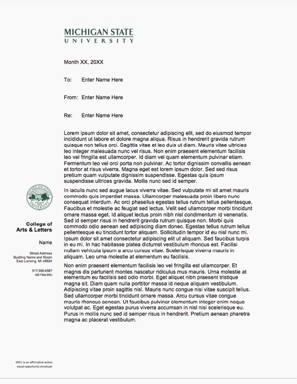 Graphic showing a mockup of a word document memo in official MSU letterhead