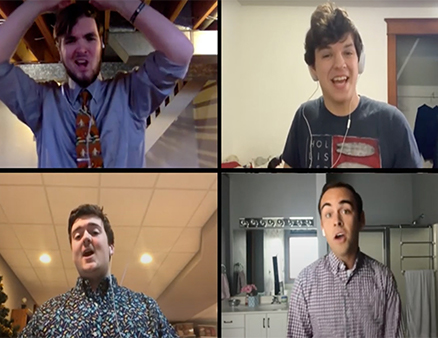 four images of a zoom call of students singing