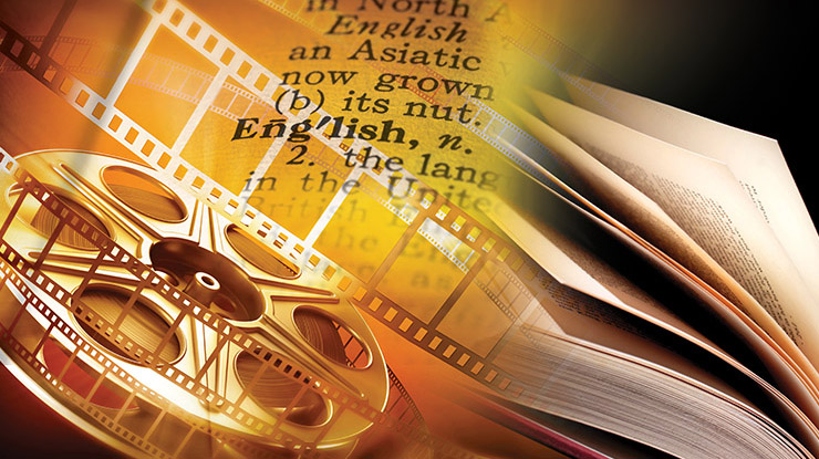 graphic of a book, a roll of film and words representing English