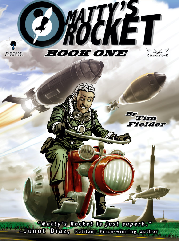 illustrated book cover for "Matty's Rocket" with various rockets and machinery 