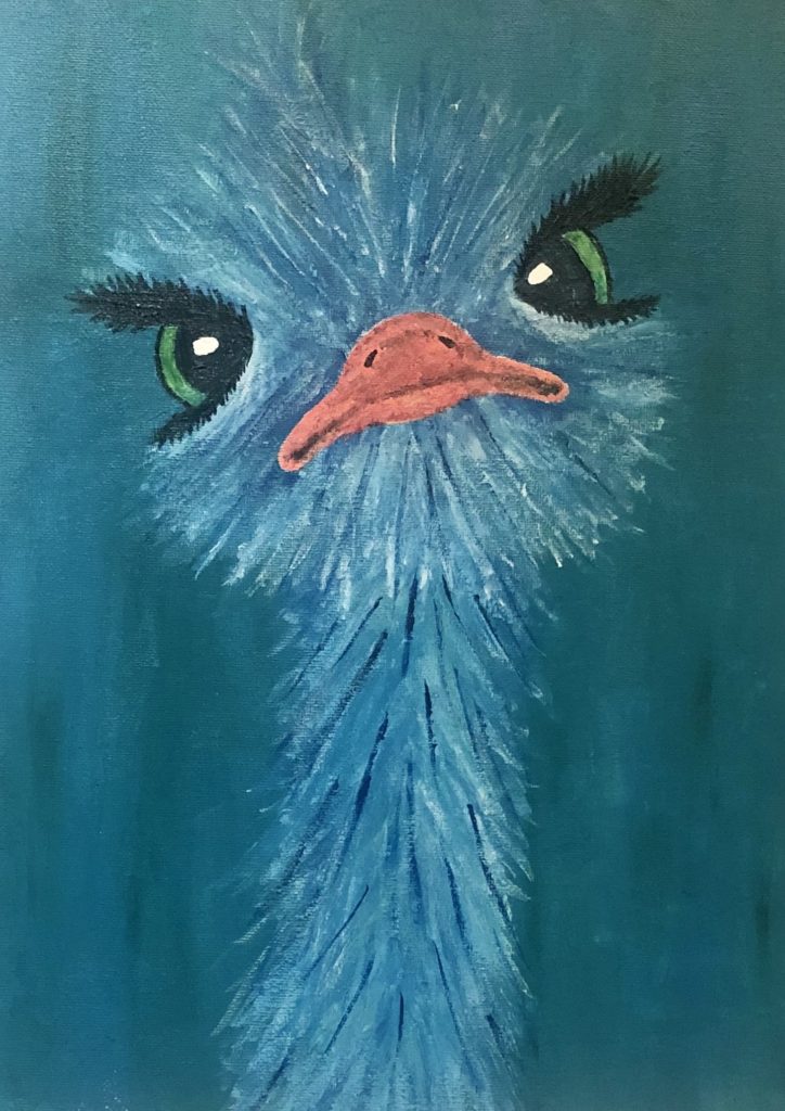 a painting of a blue bird with green eyes