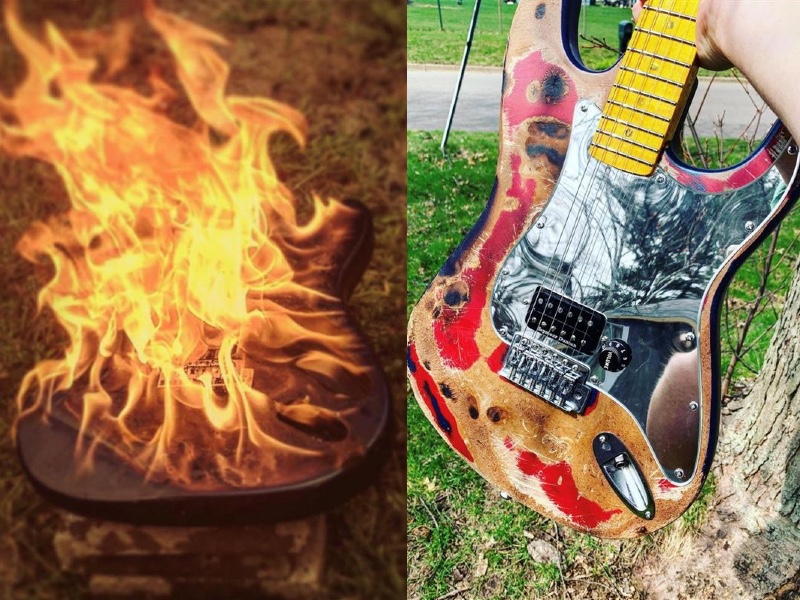 double image of a guitar on fire (left) and then that burned guitar refurbished (right)