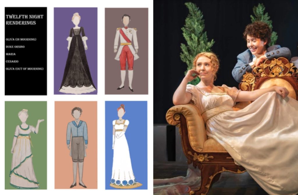 image with 6 drawing of costume designs and two actors on stage wearing the designs