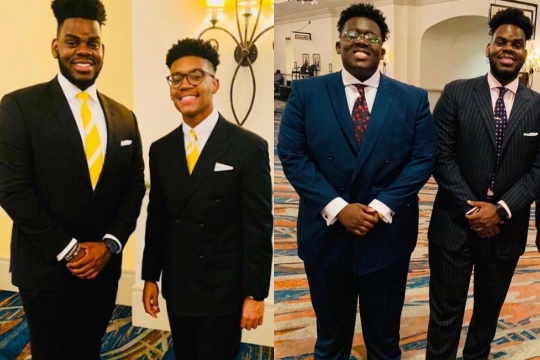 double image of four men (two are the same) all wearing suits and ties