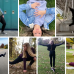 A grid of seven students in dance poses