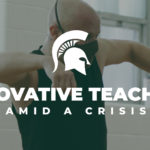man doing a dance move with his arms out with a white spartan head and white words, "Invocative teaching amid a crisis" written on tip of the image