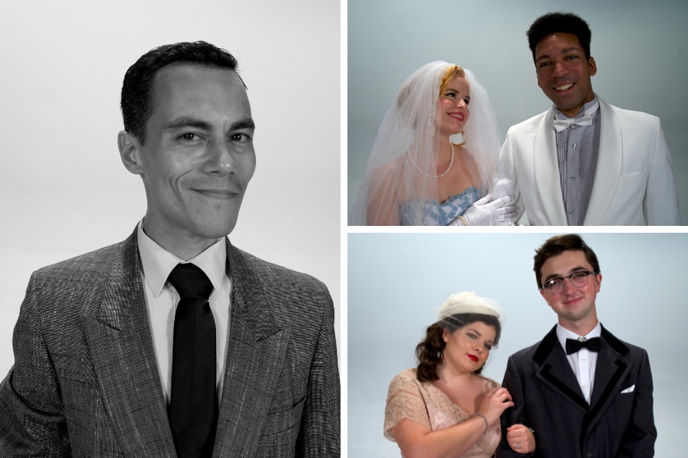 Image is broken into three parts. A vertical photo of a smiling man in a suit is on the left side, while two horizontal photos of two different couples are on top of one another on the right.