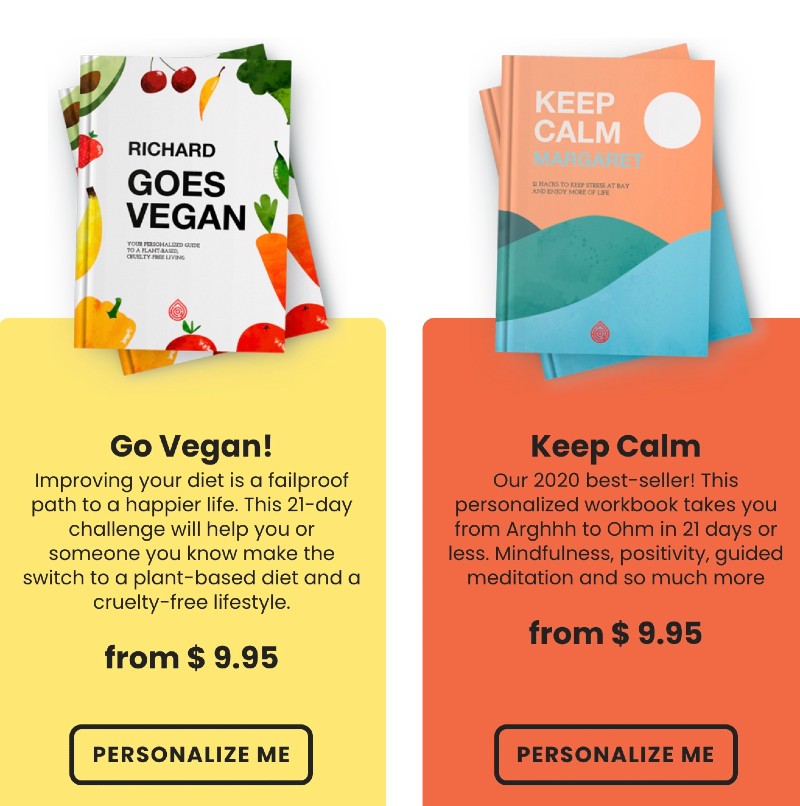 Images of advertisements of Go Vegan! and Keep Calm booklets.