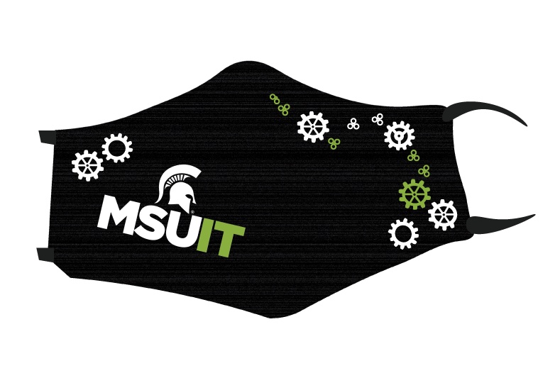 Graphic mock up of a mask with small green and white gears and the words "MSU IT" on it.