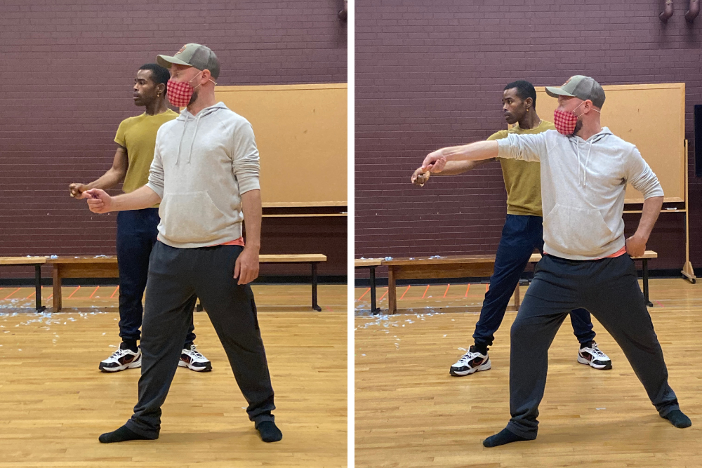 Two side-by-side full-body shots of a man performing choreography.