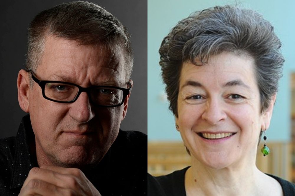 Side-by-side portraits of a man with glasses on the left and a smiling woman with earrings on the right.