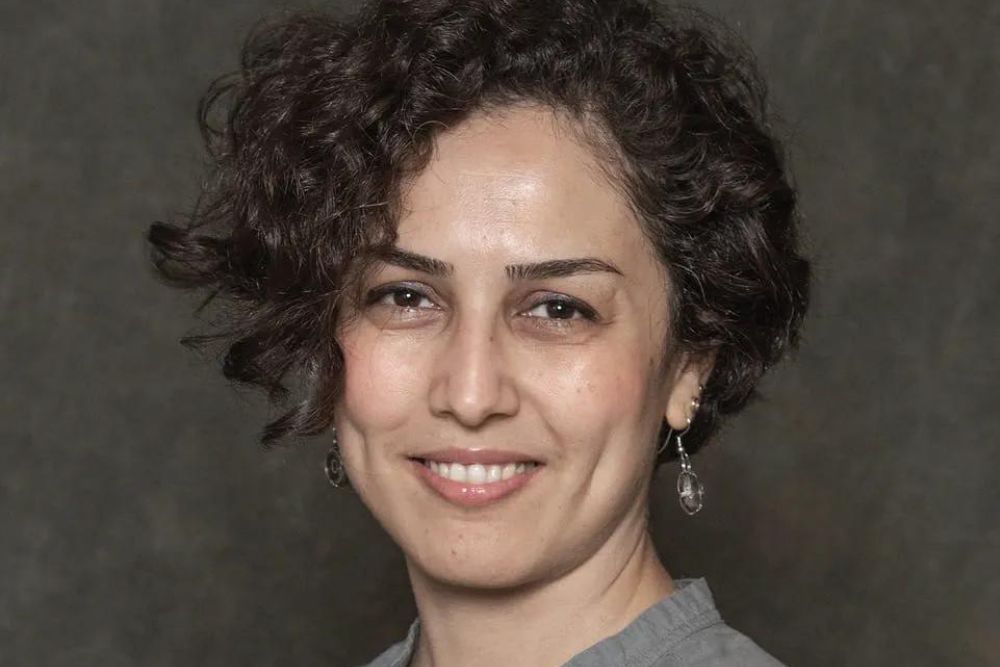 A portrait of a smiling woman with brown, curly hair and brown eyes wearing silver earrings and a taupe top.