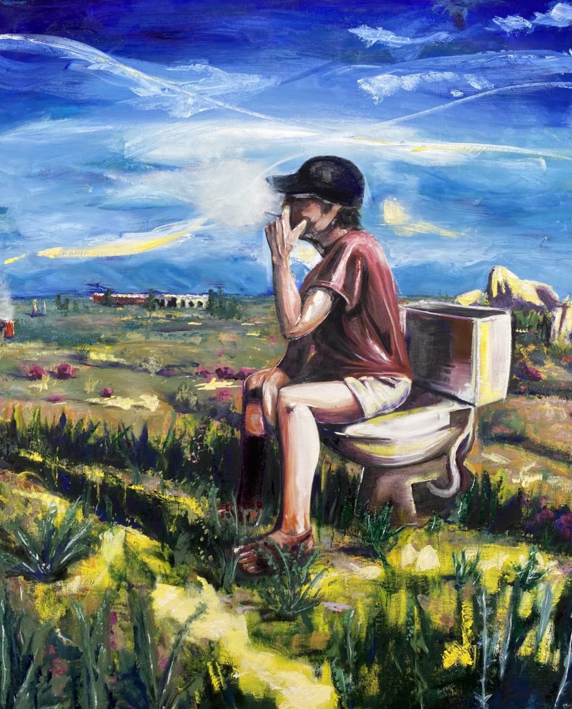 a painting of a man in the middle of a field, under a blue sky,  smoking a cigarette while sitting on a toilet.