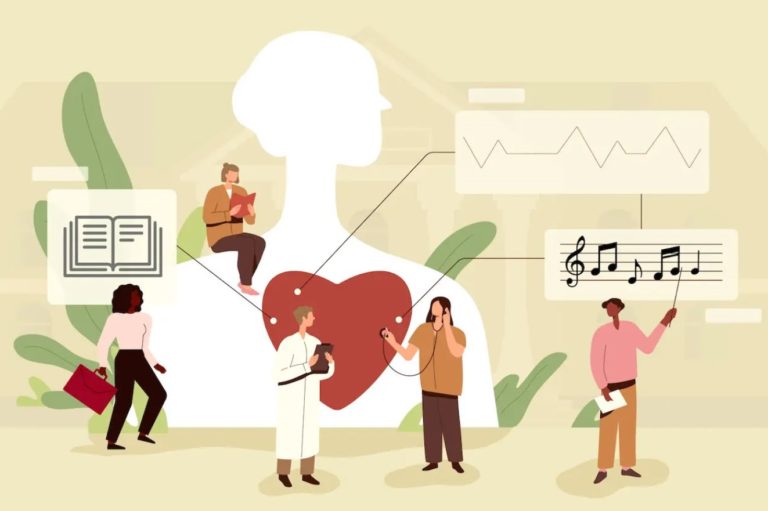 Illustrayion featuring people in different section related to reading and literature, health and medicine, and music and art. At the center of the illustration is the silhouette of a person with a large red heart. The illustration represents people's whole selves in their lives and work.