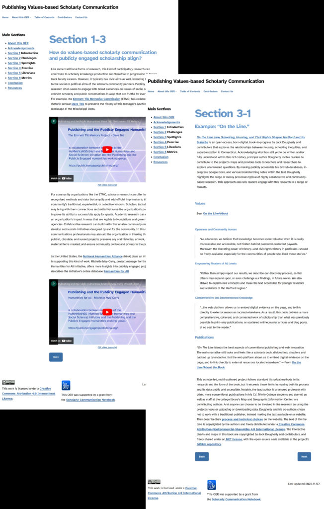 Pages from a press release, different section headings in blue and black text between. 