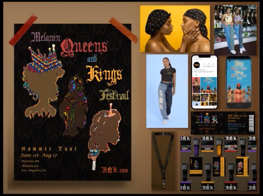 A collection of mock ups including a tour poster for the "Melanin Queens and Kings Festival" on the left with merchandise photograph, Instagram account, ticket, lanyard, and pass examples on the right.