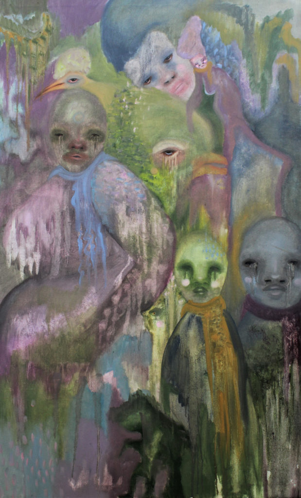 A picture of a painting, abstract with faces in a blurry background. 