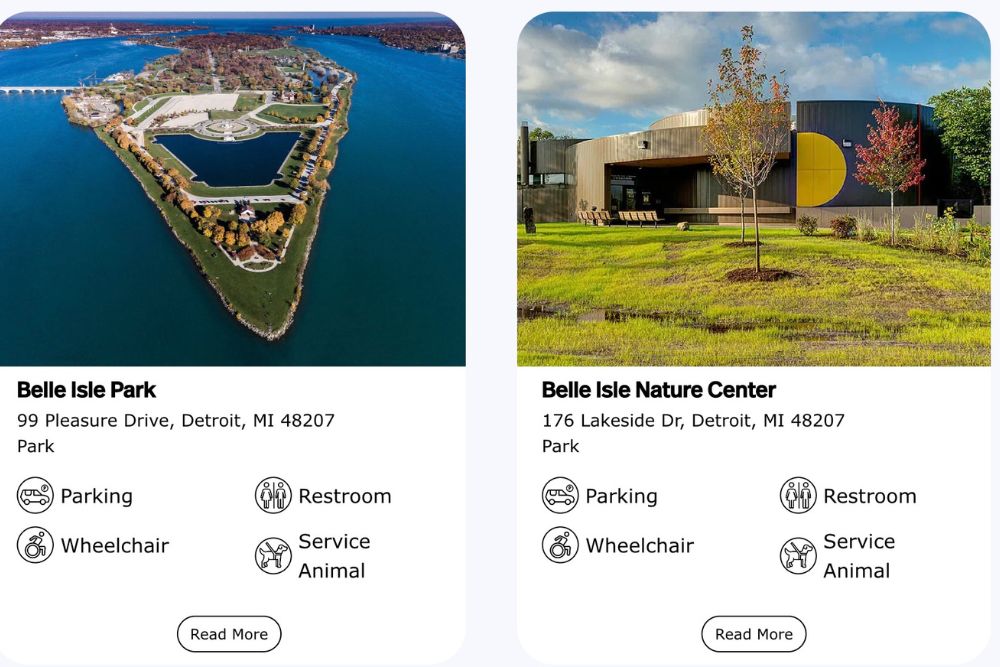 A screenshot of a website with two, side-by-side portrait format tabs of the Belle Isle Park on the left and the Belle Isle Nature Center on the right. The top half of the tab features of a photo of the venue and the bottom half includes the venue's address and accessibility labels.