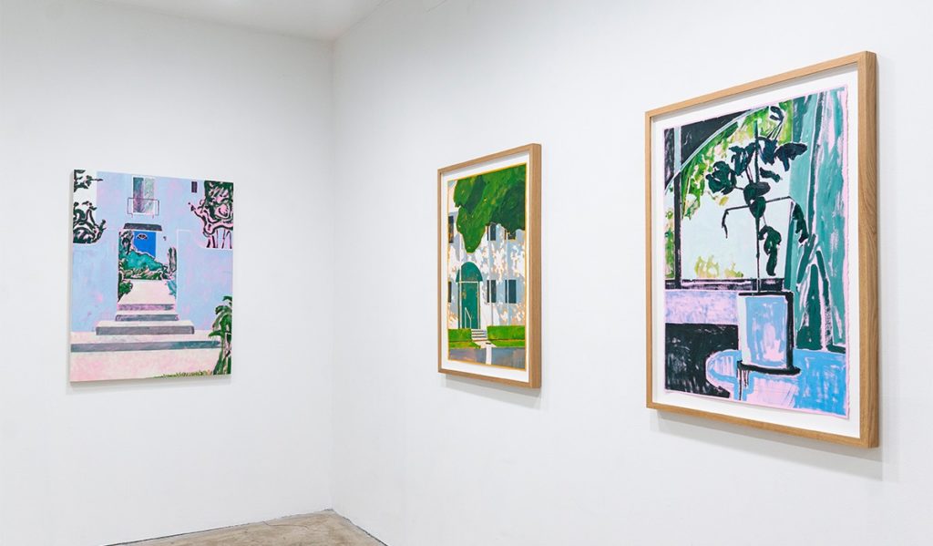A photo showing three paintings in a gallery with a white background. the painting are by Nick McPhail. 
