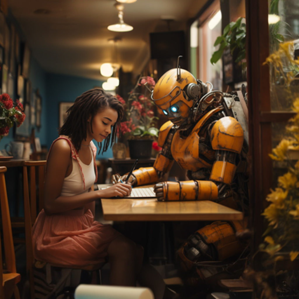 Illustration of a young woman writing while sitting at a table across from a yellow humanoid robot.