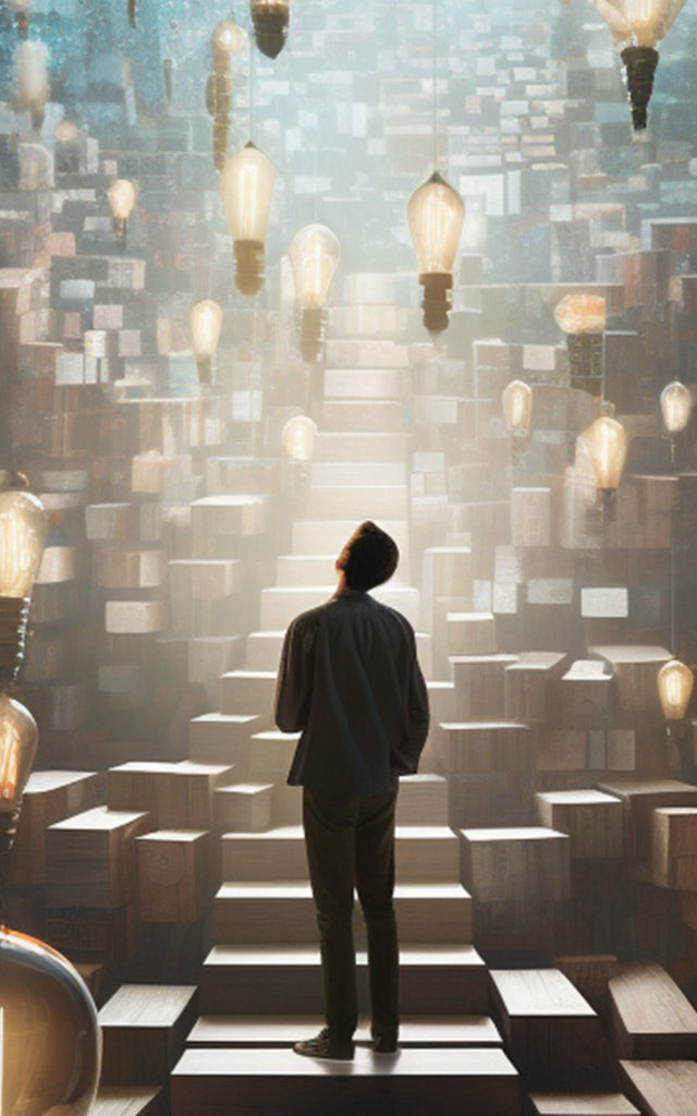 Illustration of a human figure standing with their back towards the viewer. They are standing in front of a staircase and floating lightbulbs.