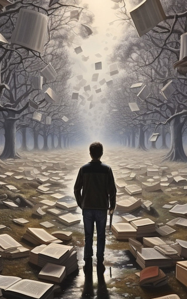 Illustration of a human figure standing with their back towards the viewer. They are standing in front of an outdoor area covered in open books and between trees without leaves.