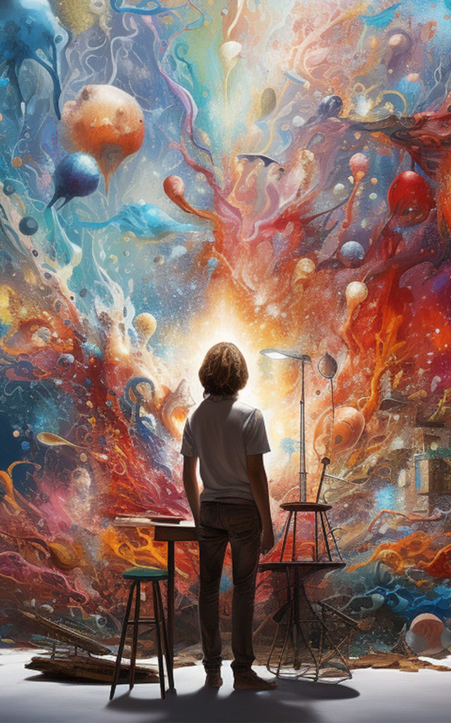 Illustration of a human figure standing with their back towards the viewer. They are standing in front of a desk with explosions of colorful shapes resembling planets and painting in the background.