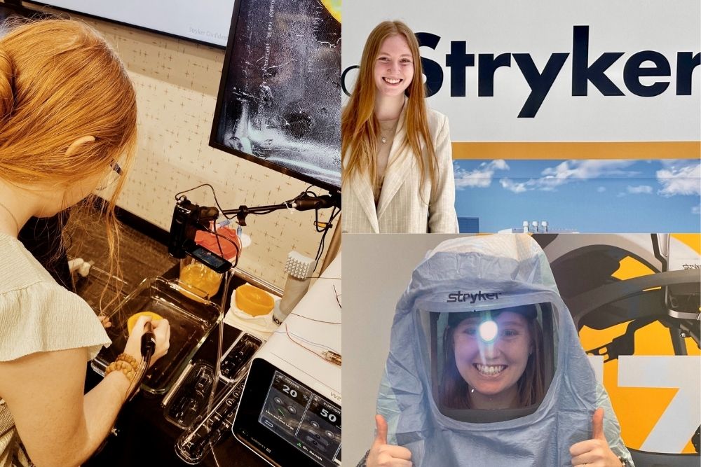 A composite of three photos. On the right a woman is shown using a surgical tool that is used for cutting into tissue. The photo in the top right shows that same woman in front of a sign that says "Stryker." The photo in the bottom right shows that same woman wearing Personal Protective Equipment that looks like what beekeepers wear over their heads, except the cloth part is gray in color and the window that the person looks through is equipped with a light.