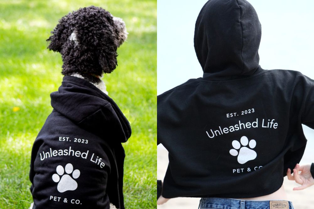 Two pictures side by side: on the left, a dog wearing a black hoodie looking into the distance; on the right, a human wearing the same black hoodie looking into the distance