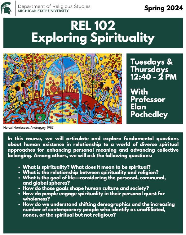 Graphic that reads “REL 102, Exploring Spirituality,” with information about the class and a small photo of a mosaic of red and yellow colors.