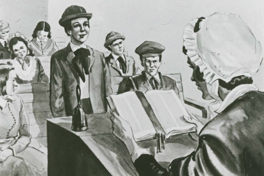 Drawing of a woman standing at a podium reading to a classroom of kids.
