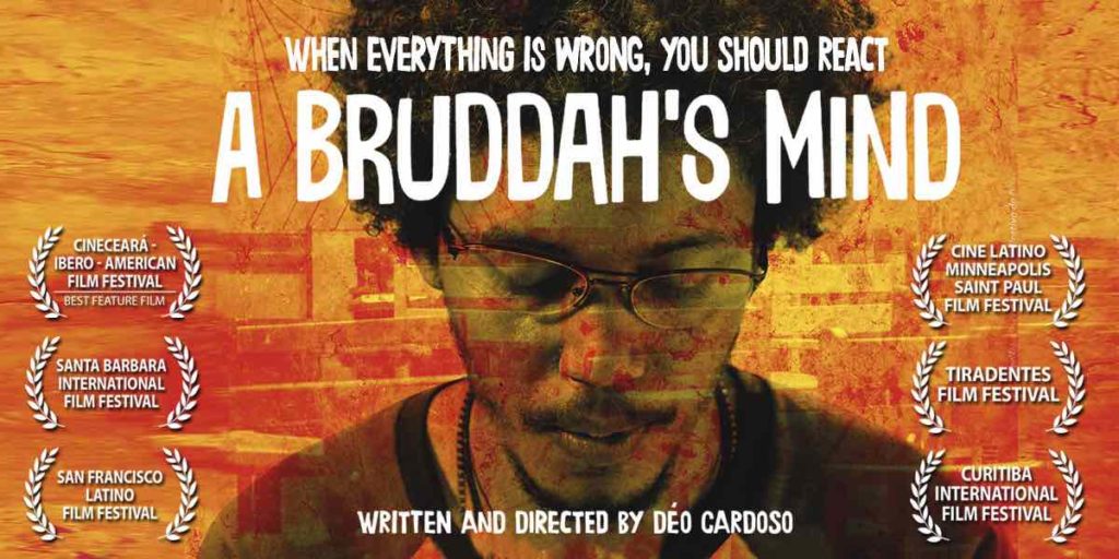 Movie poster for the fictional film, "A Bruddah's Mind," which shows all the film festivals the movie has appeared at with an orange background and an image of a man with eyes closed looking down.  