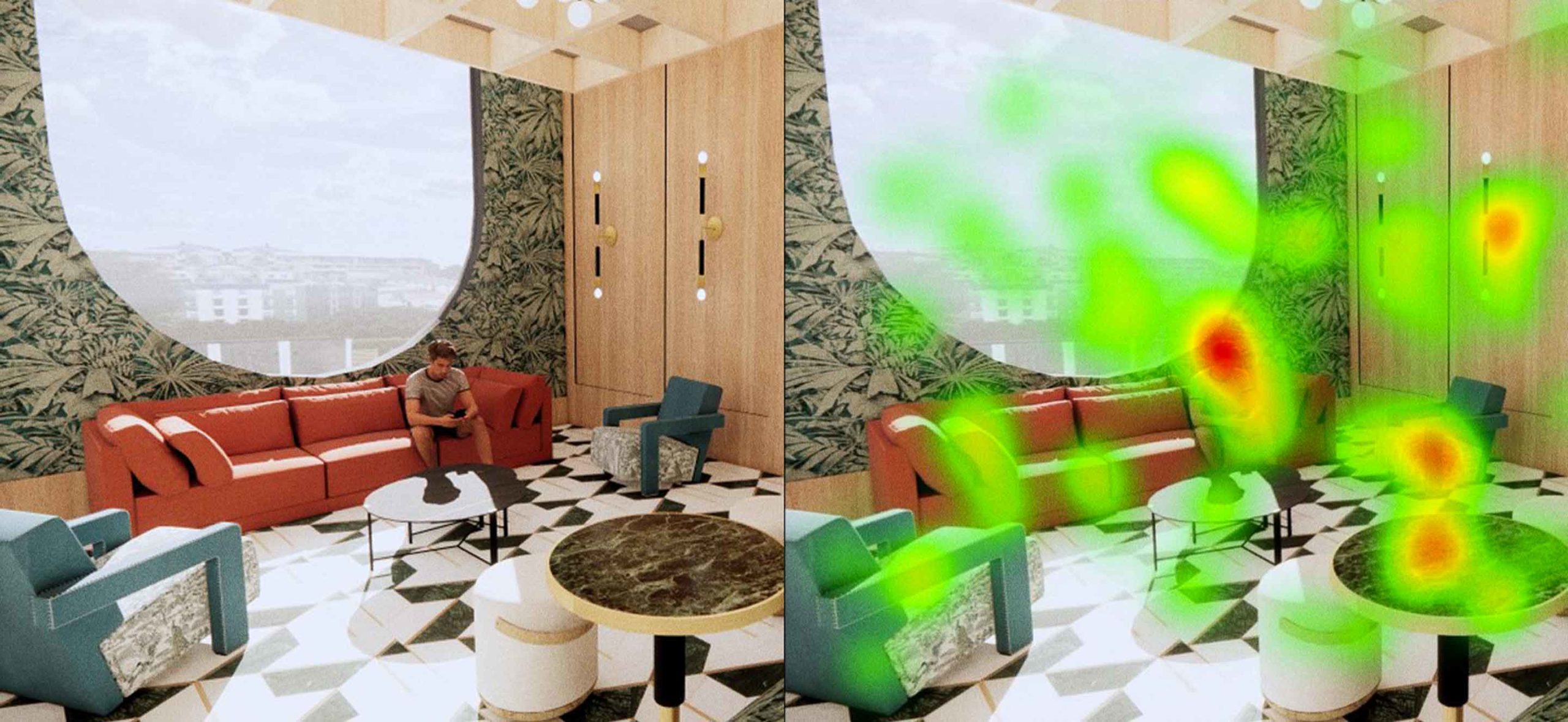 Two photos collages showing a side by side computerized 3D model of a living room with a large window. The photo on the right has green and red circles to indicate where our eyes look first.